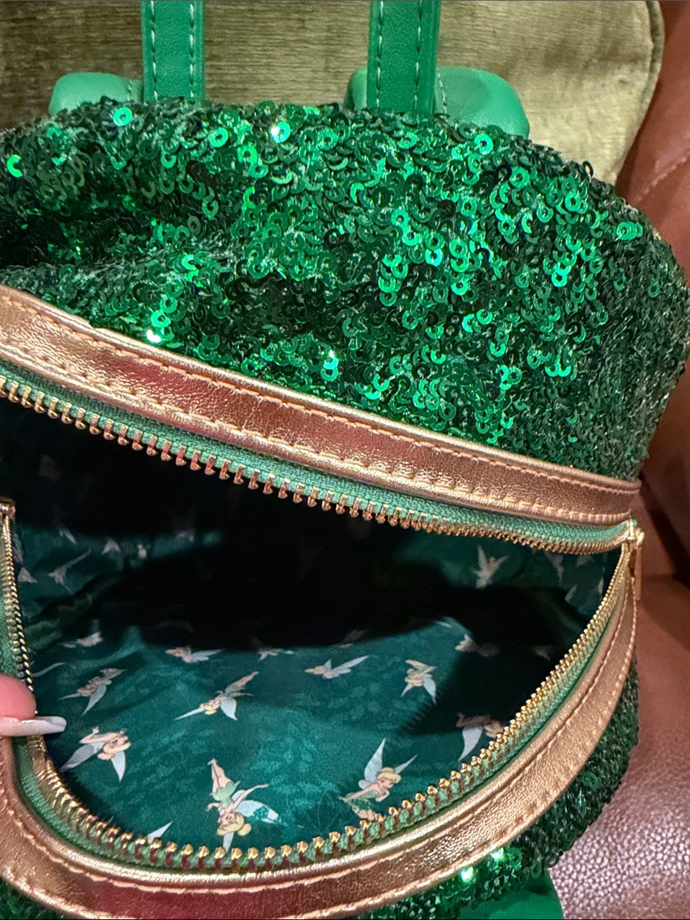 Loungefly Green Sequin Tinker Bell Mini Backpack and Peter Pan Wallet - Picture 12 of 17